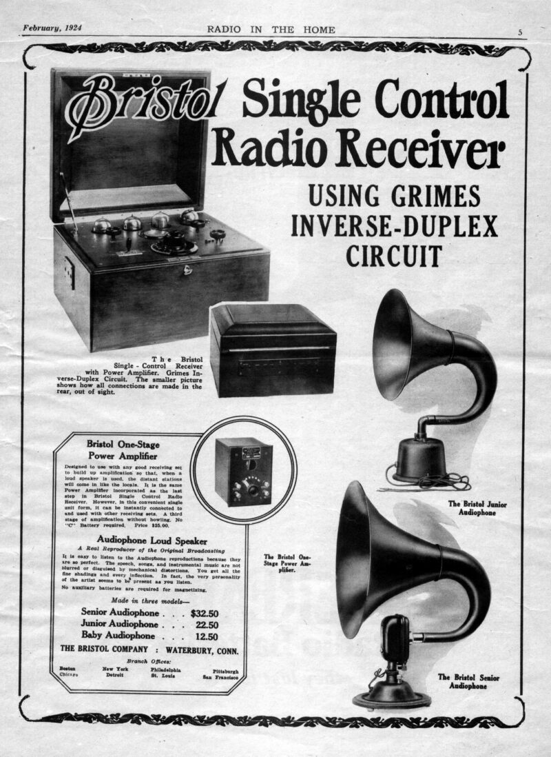 1923 Bristol Model D Radio With Matching Bristol Audiophone Horn Speaker